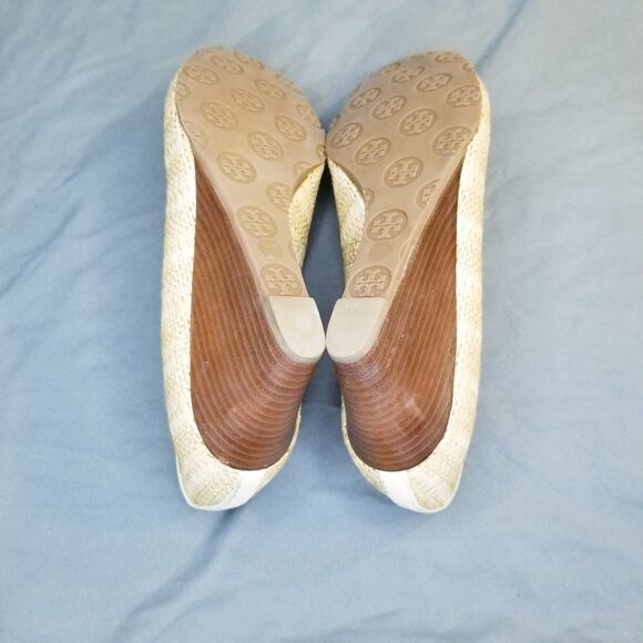 Tory Burch Sally Wedge Women Size 9 Beige Raffia Woven Straw Pumps Leather Lined - Picture 5 of 6